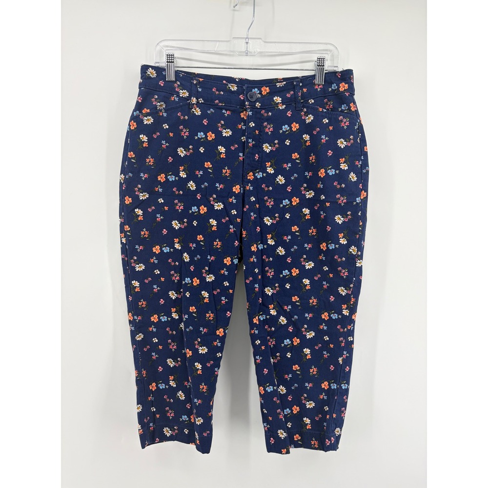 St. John's Bay Womens 10 Navy Blue Floral Capri Pants Cotton Stretch Cropped